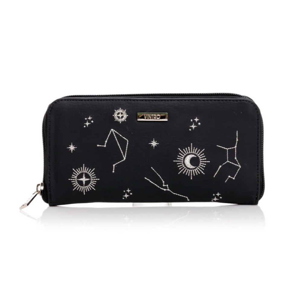 Black Wallet with Starry Design vegan leather with zipper